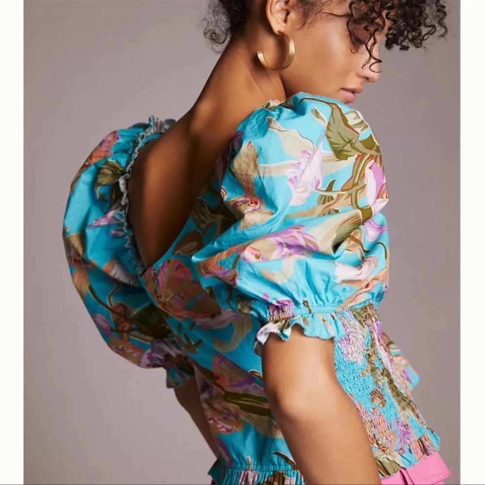 Anthropologie Floral Puff Sleeved Stylish Crop Top - Picture 2 of 5